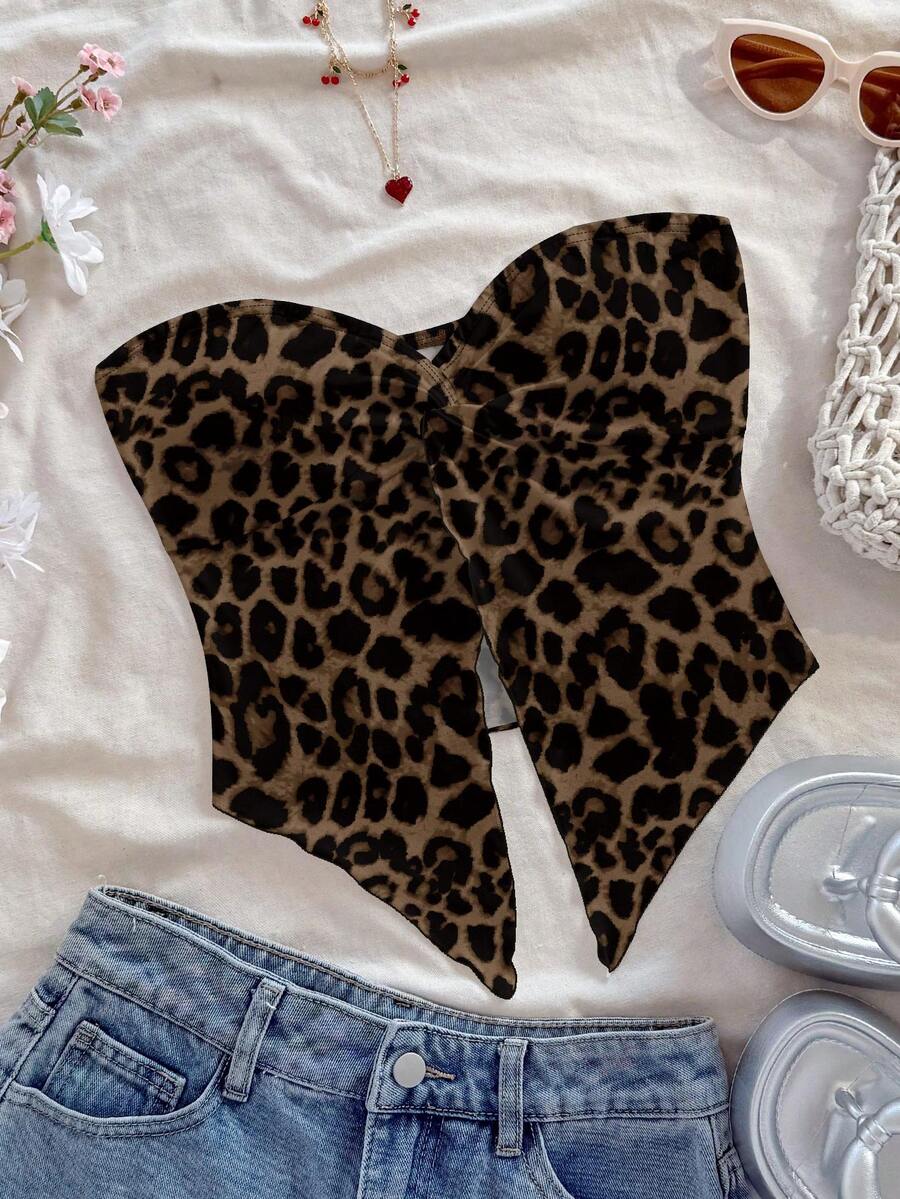 Soleia 女士豹纹不对称下摆性感抹胸上衣 - 彩色 - 查看 1