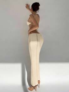 Aloruh Đầm dệt kim dáng ôm không tay cổ chữ U khoét rỗng, kiểu dáng thường ngày dành cho nữ. - Màu be - Xem 5