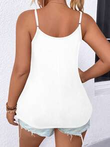 Elenzga Plus Size Summer Casual Solid Color Contrast Lace Hollow Out Camisole - White - View 3