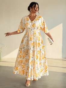 Firerie 大码休闲印花V领高腰褶裥拉链A字摆中长连衣裙，优雅日常通勤度假风，春夏款 - 黃色 - 查看 4