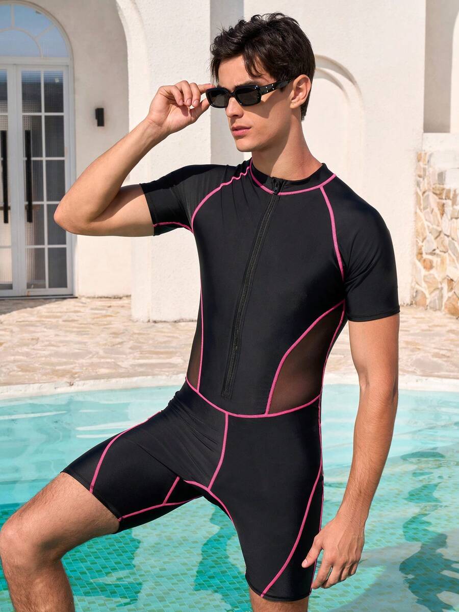 Zalmeno Bañador de una pieza de manga corta y cuello alto con cremallera, corte slim, para hombre. Traje de baño de hombre de una pieza con manga corta - Negro - Ver 1