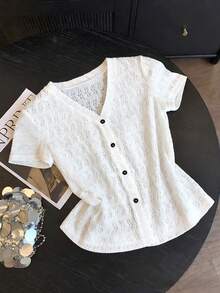 GlowEve Women's Summer Vacation Button Front Mesh Short Sleeve Shirt - White - View 3