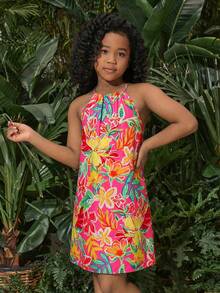 SHEIN 少女度假休闲雪纺碎花吊带连衣裙 - 粉色 - 查看 3