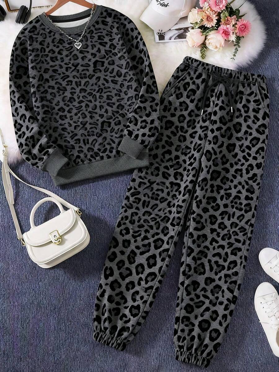 SHEIN 女士休闲豹纹圆领卫衣和慢跑裤套装，秋季 - 彩色 - 查看 1