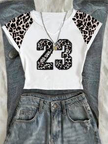 Glimmora Camiseta de verano para mujer de cuello en V para exteriores, con estampado de leopardo elegante y diseño de estampado numérico, de moda y cómoda para uso al aire libre, compras y uso diario - Multicolor - Ver 1