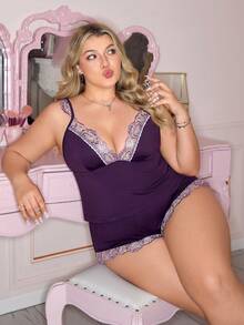 Slumberry CURVE Mature Vintage Embroidered Lace Contrast Trim Camisole And Shorts 2 Pieces Sleepwear Set, Comfortable Soft Plus Size - Red Violet - View 6