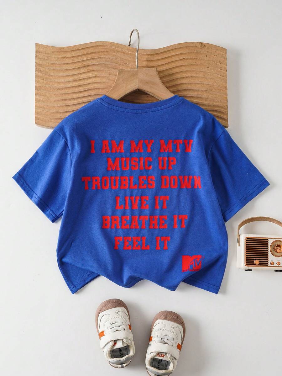 MTV | SHEIN 女童休闲标语图案圆领短袖T恤，夏季 - 藍色 - 查看 1