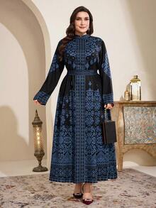 SHEIN Najma Plus Size Women's Contrast Color Print Elegant Long Sleeve Arabic Style Dress - Multicolor - View 6