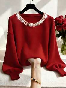 Franclia Women's New Round Neck Pearl Trim Long Sleeve Loose Casual Pullover Sweatshirt Red Blouses Tops For Women Elegant Dark Red Top Cute Red Top Red Sweater - Red - View 1