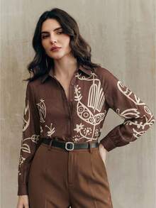 Anewsta Brown Versatile Long Sleeve Loose Retro Print Modern Elegant Casual Office Lady Shirt - Brown - View 4