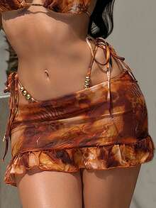 SHEIN Swim Women's Brown Summer Casual Vacation Holiday Beach Patchwork Print Ruffle Hem Cover-Up,Beaded Knotted Bikini Bottom,Triangle Swim Trunks Skirts - Multicolor - View 1