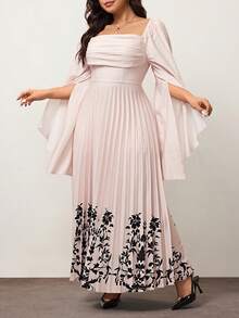 Hourglow Große Größen Elegantes Kleid für Damen mit Blume Muster, quadratischem Ausschnitt, Rüschensaum und Schlitzärmeln - Aprikosenfarben - Übersicht 8