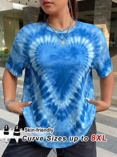 SHEIN CURVE+ Plus Size Women's Heart Tie-Dye Print Loose T-Shirt, Valentine's Day