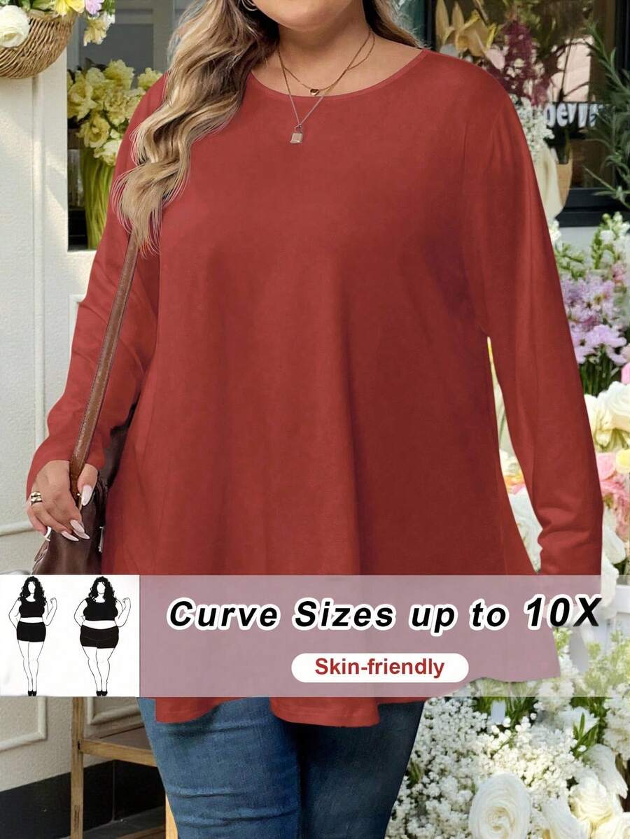 SHEIN CURVE+ 大码纯色长袖T恤，休闲百搭，秋季款 - 紅木色 - 查看 1