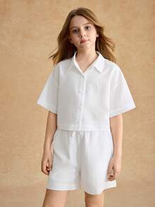 SHEIN Sparklyn 少女休闲街头风，适合度假、外出和上学，INS网红风白衬衫短裤套装 - 白色 - 查看 4