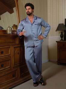 DAZY Twill Satin Fabric Haze Blue Shirt Paired With Men's Loungewear Set, Spring/Autumn - Blue - View 4