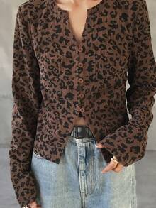 FRIFUL Women's Leopard Print V-Neck Single-Breasted Casual Everyday Long Sleeve T-Shirt - Brown - View 4