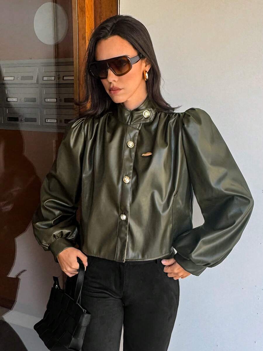 Aidyla Women's PU Leather Long Sleeve Casual With Buttons, Fashion For Autumn/Winter Pairing With Regular Jacket - Army Green - View 1