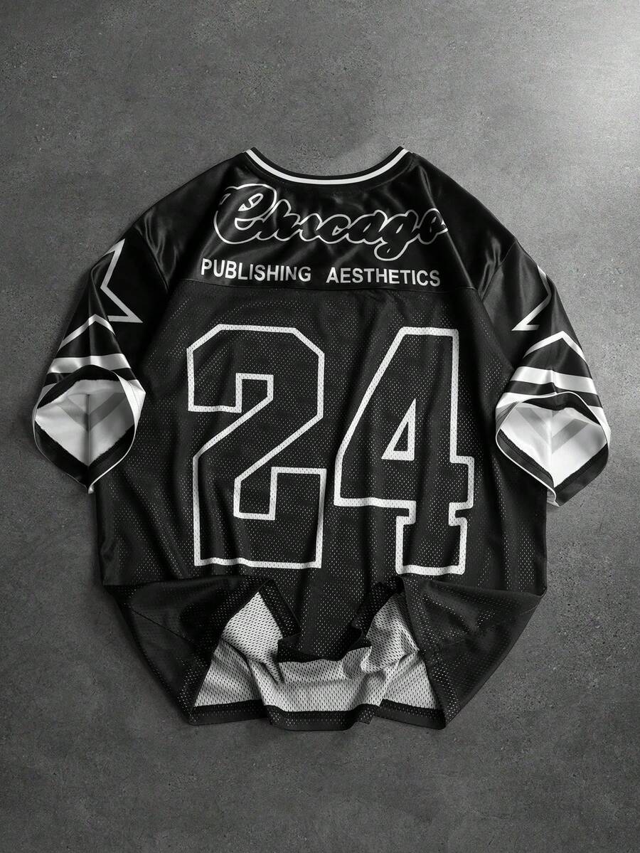 PAVTROS 男士休闲网眼面料数字图案V领短袖T恤，夏季 - 黑色 - 查看 1