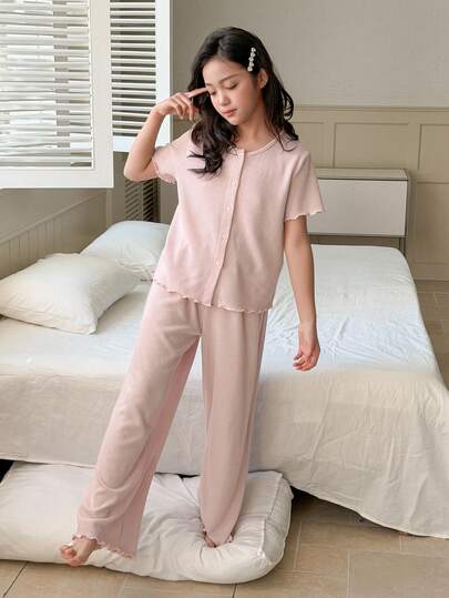 DAZY Tween Girl Crew Neck Ribbed Single-Breasted Short Sleeve Top And Wide Leg Pants Casual Loungewear Set