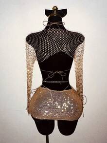 SHEIN DivaQ Women's Fashion Sexy Rhinestone Halter Top And Mini Skirt With Long Sleeve Top Party Outfit Set - Champagne - View 3