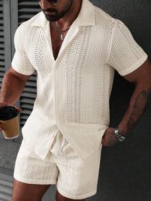 Manfinity RSRT Men's Summer Casual Vacation Front Button Hollow Shirt And Shorts Set - Apricot - View 7