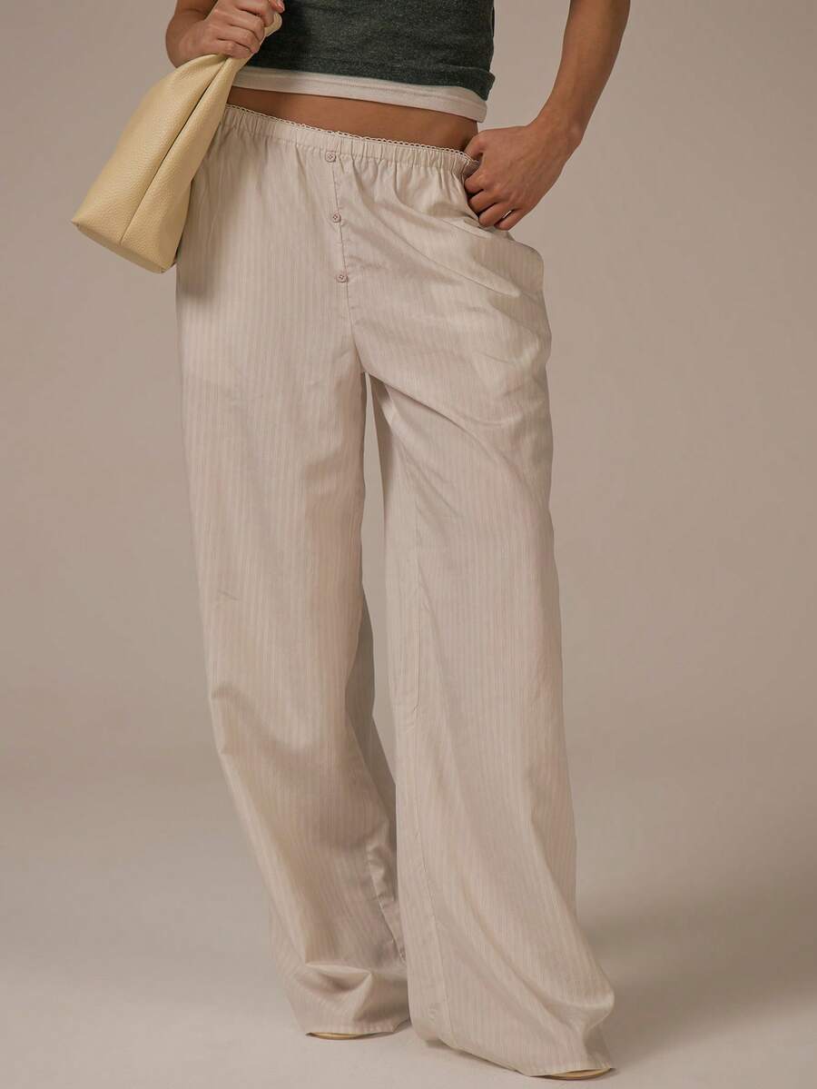 MUSERA Stripe Button Detail Elasticated Waist Wide Leg Trousers Spring Summer Cute Cosy Cottage Core Spring Dew Casual - Multicolor - View 1