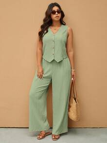 Elaquor Setelan Kasual 2 Potong Wanita Ukuran Besar Warna Polos, Rompi dan Celana Kancing Tunggal - Mint Green - View 5