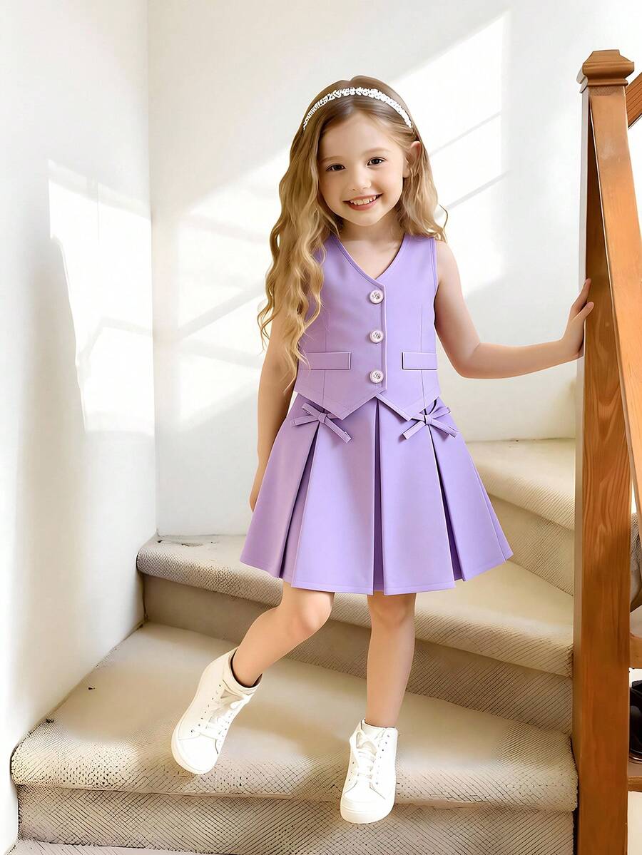 Elladie kids 两件套复古西装背心和百褶裙套装,优雅设计,适合通勤和休闲穿着 - 淡紫色 - 查看 1
