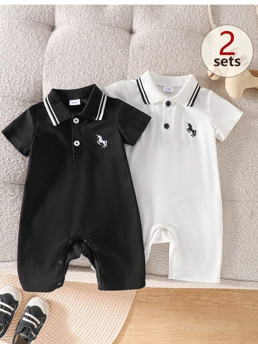 SHEIN 2pcs/Set Infant Toddler Unisex 0-3 Years Baby Boy/Girl Cute Dinosaur Knitted Short Sleeve Romper, Basic Jumpsuit Set, Spring/Summer Baby Boy Clothes Polo Baby Casual Sets Black And White Baby Boy Outfit Baby Boy Summer Sets Baby Boy Short Sleeve Suits Baby Boy Romper For Wedding, Baby Shower, Christening And 1st Birthday Celebration,Festival Gift Sthings For Baby Neutral Baby Clothes Unisex - Multicolor - View 1