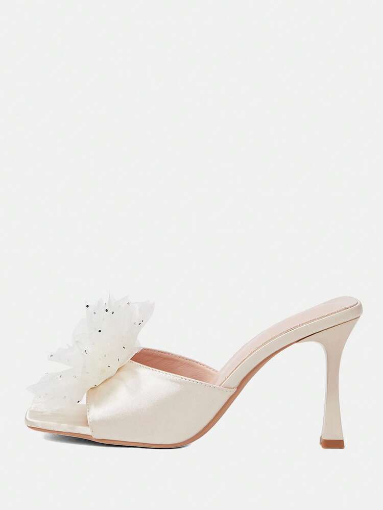 CUCCOO HITCHD Women's Square Toe Stiletto Heel Mule Shoes, Sexy Fashion Floral Mesh Slip-On Sandals, Suitable For Dresses, Party, Nightclub Wedding Shoes Spring Shoes Bride Shoes