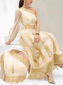 Al Najma Damen Asymmetrischer Ausschnitt Mesh Patchwork Elegantes Langarm Arabisches Kleid - Gelb - Übersicht 1