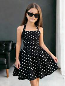 SHEIN Tween Girl Casual Sports Ballerina Halter Low Waist Polka Dot Print Elegant Dress - Black - View 3