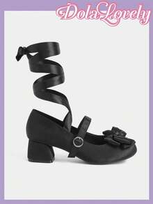 Dola Lovely 洛丽塔风格黑色缎面踝带女式高跟鞋，方头蝴蝶结玛丽珍鞋，柔美公主风 - 黑色 - 查看 1