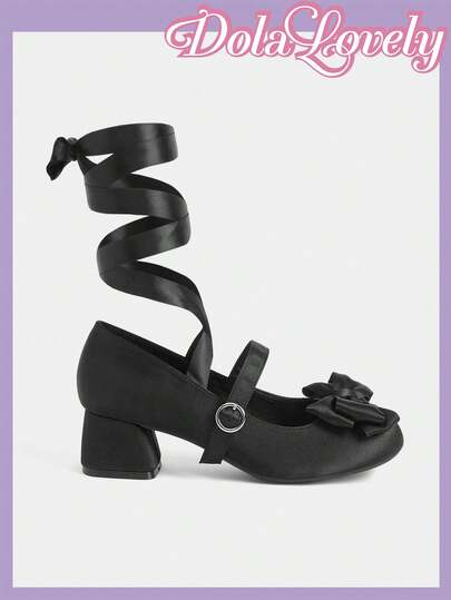 Dola Lovely Lolita Style Black Satin Ankle Strap Women's High Heel Shoes, Square Toe Bow Mary Jane Pumps, Soft Girl Princess Style