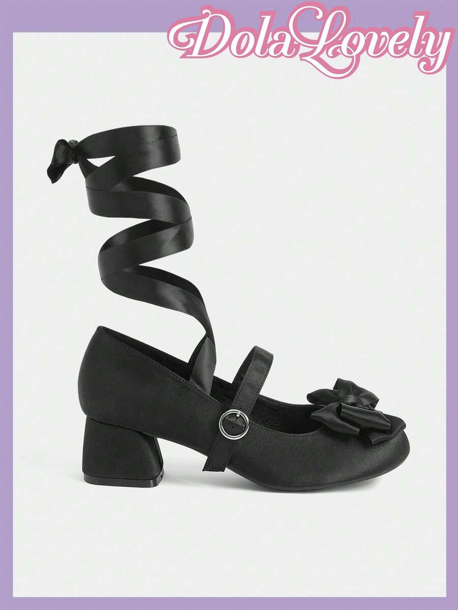 Dola Lovely 洛丽塔风格黑色缎面踝带女式高跟鞋，方头蝴蝶结玛丽珍鞋，柔美公主风 - 黑色 - 查看 1