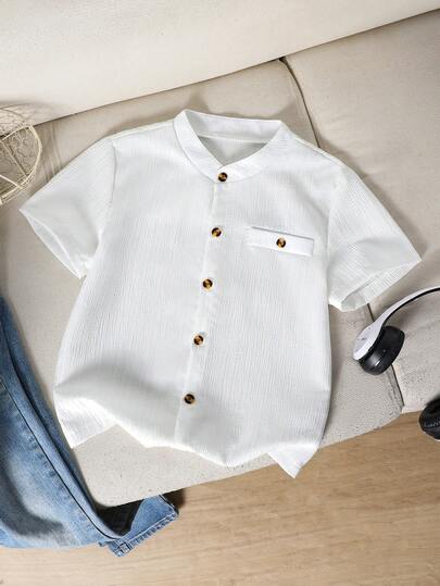 Boys' Casual Textured Woven Shirt, Versatile For Summer, Commuting, School, Outings, Gatherings