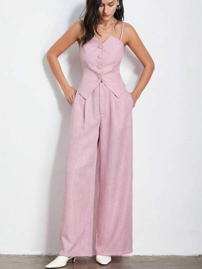 Aveloria Modichic Women's Modern Urban Chic Retro Lightweight Sheer Textured Tweed Bicolor Mesh Blended Fabric Front Button Decor Camisole And High Waist Wide Leg Pants Set, Suitable For Office Meetings, Evening Parties, Fashion Outings, Dates And Gatherings