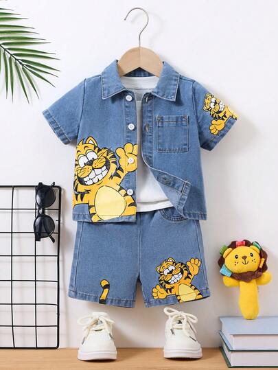 2pcs/Set Baby/Toddler Boys' New Fashion Casual Soft Cute Cartoon Tiger Print Blue Denim Loose Fit Short Sleeve Shirt And Elastic Waist Long Jeans Shorts Set Spring Summer,For Baby Spring/Summer Dailywear Outfits,Boys Streetwear Outfits,Boys Beach Outfit,Vacation Outfits For Baby,Casual Clothes For Boys,Graphic Jeans,Toddler Two-Piece Sets,2-Year-Old Boys Two-Piece Sets ,Summer Two-Piece Sets,Casual Two-Piece Sets