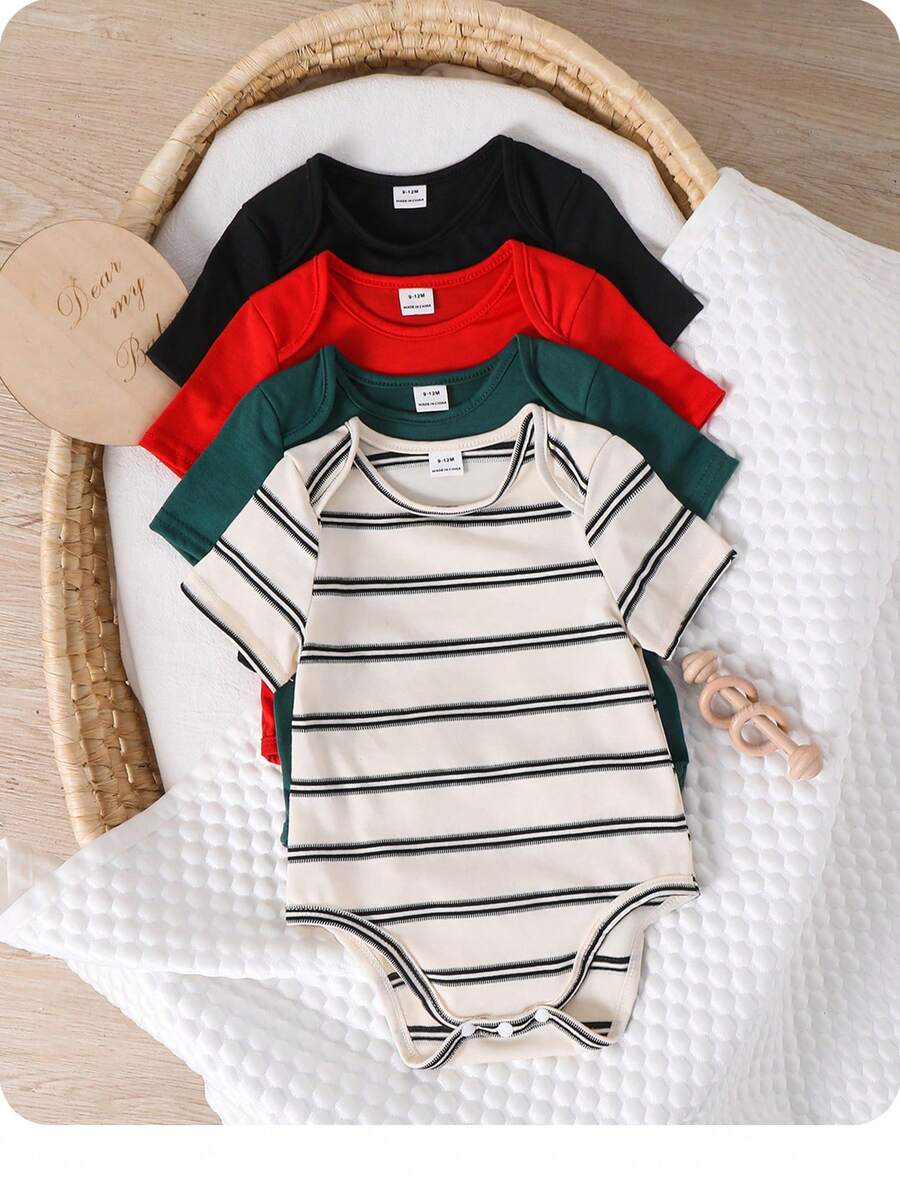 4pcs/Set Baby Boy/Girl Cute Knitted Elastic Striped Short Sleeve Rompers, Basic Bodysuits, Spring/Summer - Multicolor - View 1