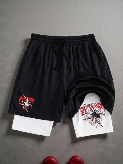 SHEIN 青少年男童黑色双层蜘蛛印花二合一运动短裤，黑白配色，休闲舒适，时尚简约，百搭柔软面料，适合日常穿着、上学、郊游、户外运动、音乐节、节日派对、夏季海滩度假、夏日休闲、假期、春夏穿着。