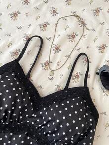SHEIN Teen Girls Black & White Polka Dot Lace Camisole Elegant White Lace Trim Camisole, Suitable For Summer, Vacation, Casual, Home, Bohemian Style - Black - View 3