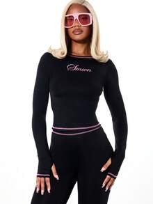 SUMWON WOMEN Contrast Stitching Two Piece Set With Script Long Sleeve Top And Capri Leggings Loungewear Co Ord Fall Winter Outfit - Black - View 3