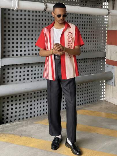 Ngobest Haus Ngobest Haus 复古保龄球条纹几何印花男式纽扣口袋衬衫