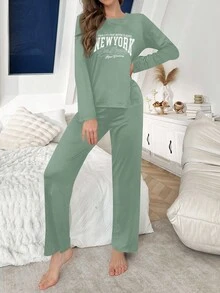 Lazeform 字母印花极简宽松长袖上衣和裤子女士睡衣套装，秋冬服装 - 綠色 - 查看 3