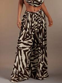 Hauture 女士抽象印花褶裥阔腿宽松休闲长裤 - 咖啡棕 - 查看 2