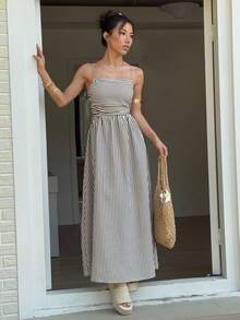 Pariaura Tall 女士长款A字连衣裙，细肩带，腰部褶皱设计，黑白条纹纹理面料，春夏款 - 彩色 - 查看 6