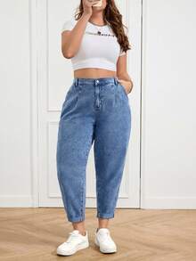SHEIN CURVE+ 大码女式休闲高腰斜插口袋修身牛仔裤，百搭实用，适合日常通勤、春夏季节、情人节、嘉年华、毕业季、时尚Y2K风、可爱街头风、派对、婚礼、优雅商务休闲等场合。舒适宽松的蓝色弹力水洗牛仔裤，专为女性设计。 - 藍色 - 查看 3