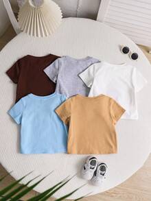 5件套男女宝宝休闲卡通熊狗动物印花柔软针织圆领短袖T恤，粉彩色系，适合春夏穿着，室内外皆可。 - 彩色 - 查看 2