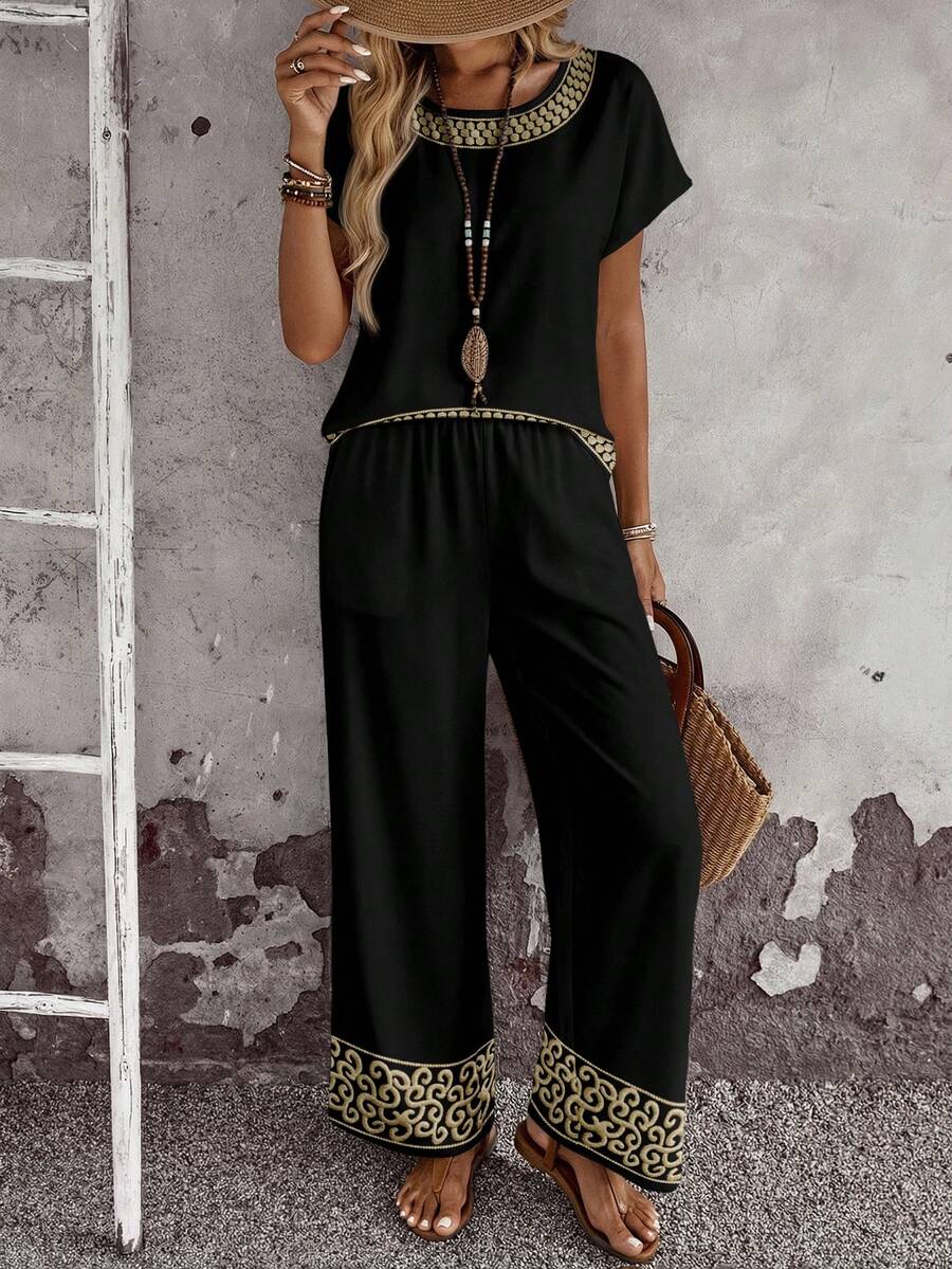 Rusticease 2pcs/Set Women Casual Geometric Retro Print Loose Fit Crew Neck Top And Pants, Versatile Outfit For Spring/Autumn - Multicolor - View 1